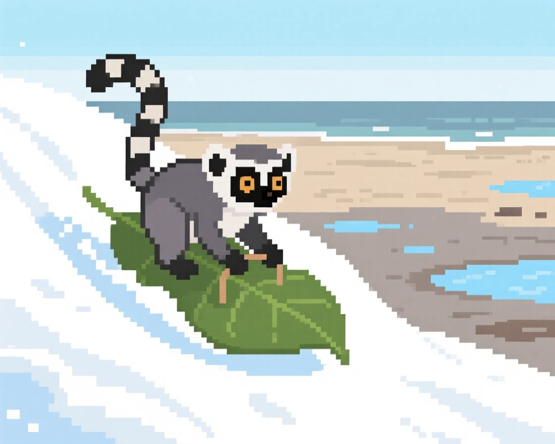 A wide-eyed lemur sledding down a snowy hill on a leaf, on a quiet beach at low tide.