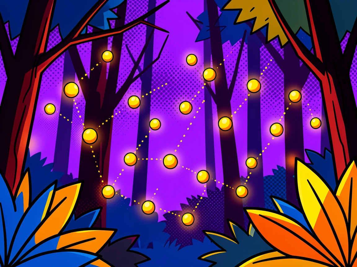 A swarm of fireflies lighting up a forest at dusk