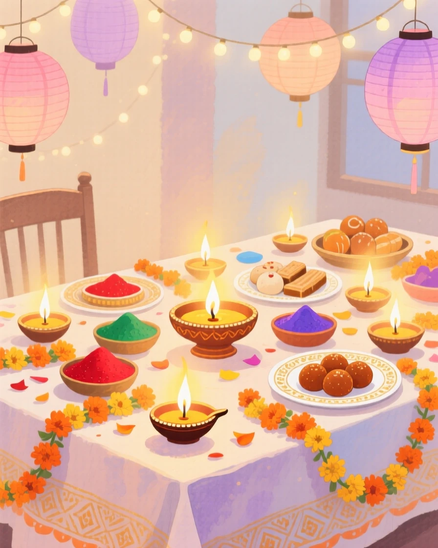 A joyful scene of a Diwali celebration, with a table set beautifully for the occasion, capturing the warmth of the celebration