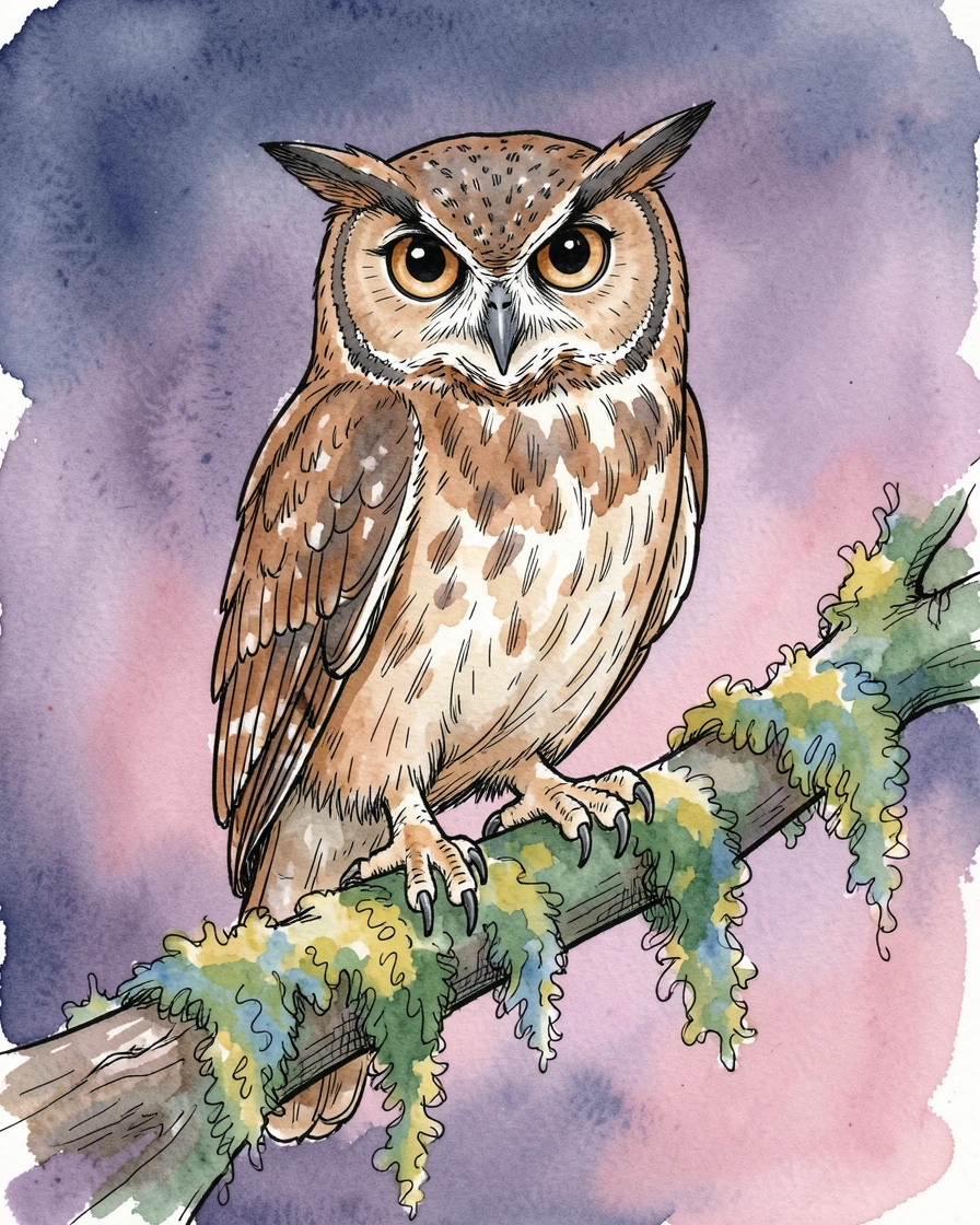 A curious owl perched on a moss-covered branch at twilight, its large eyes fixed on the viewer
