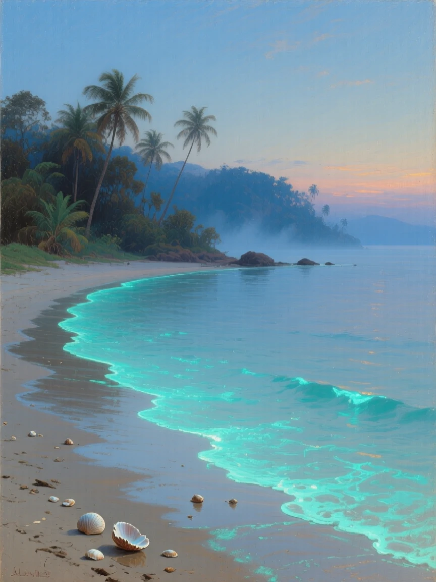 A bioluminescent bay glowing softly along a tropical shoreline, as a soft blue mist settles over the lower elevations, radiating tranquility and the timeless beauty of the natural world
