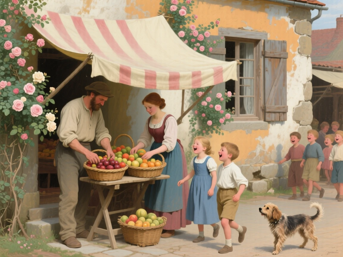 Market vendors arranging baskets of fruit beneath a striped awning as ordinary labor takes on unexpected grace, set beside a rustic cottage framed by climbing roses, with children's laughter and a stray dog weaving underfoot; the composition finds quiet monumentality in an everyday gesture, radiating simple contentment and honest labor.