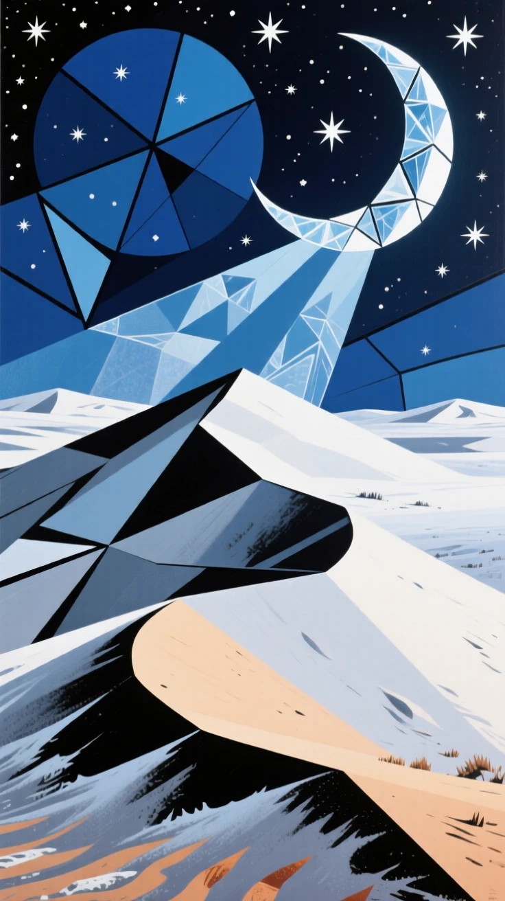 A medium shot of a sweeping sand dune beneath a star-filled night sky, in deep winter.
