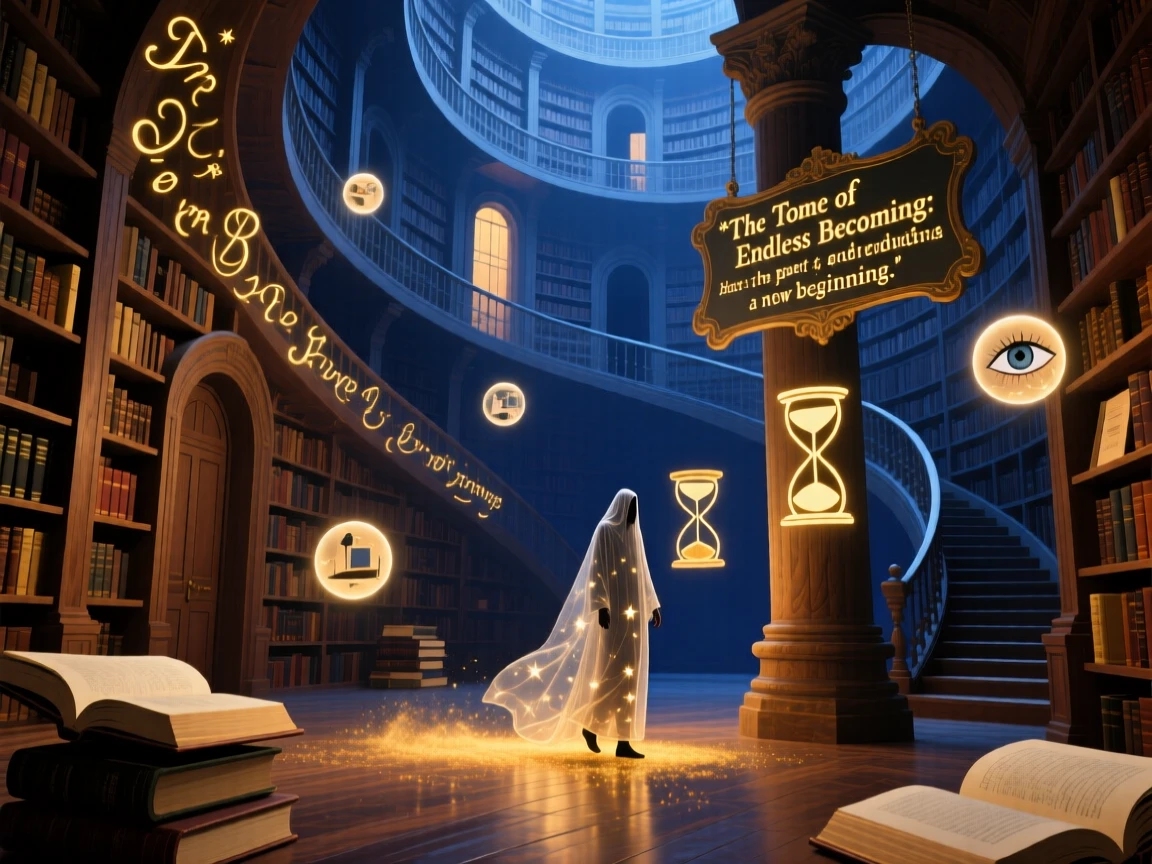 A library where books rewrite themselves the moment they are closed seems to shift slightly each time it is glanced away from, while a lone figure walks calmly through its impossible turns.
