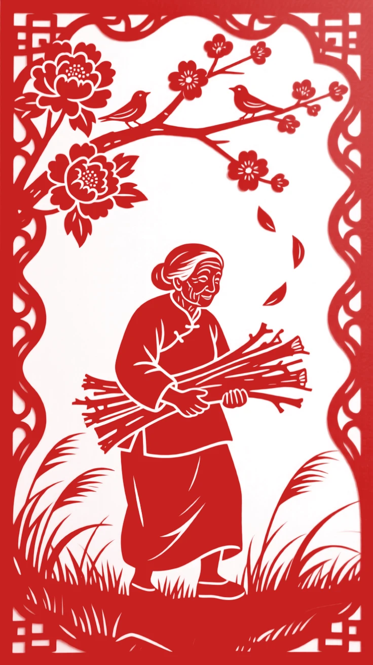 A composition of an old woman gathering firewood across a windswept grassland, petals drifting down from a blossoming branch nearby.