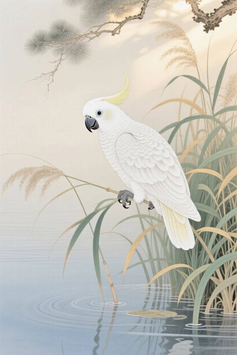 A cockatoo resting among reeds at the water's edge, soft morning light filtering through the branches