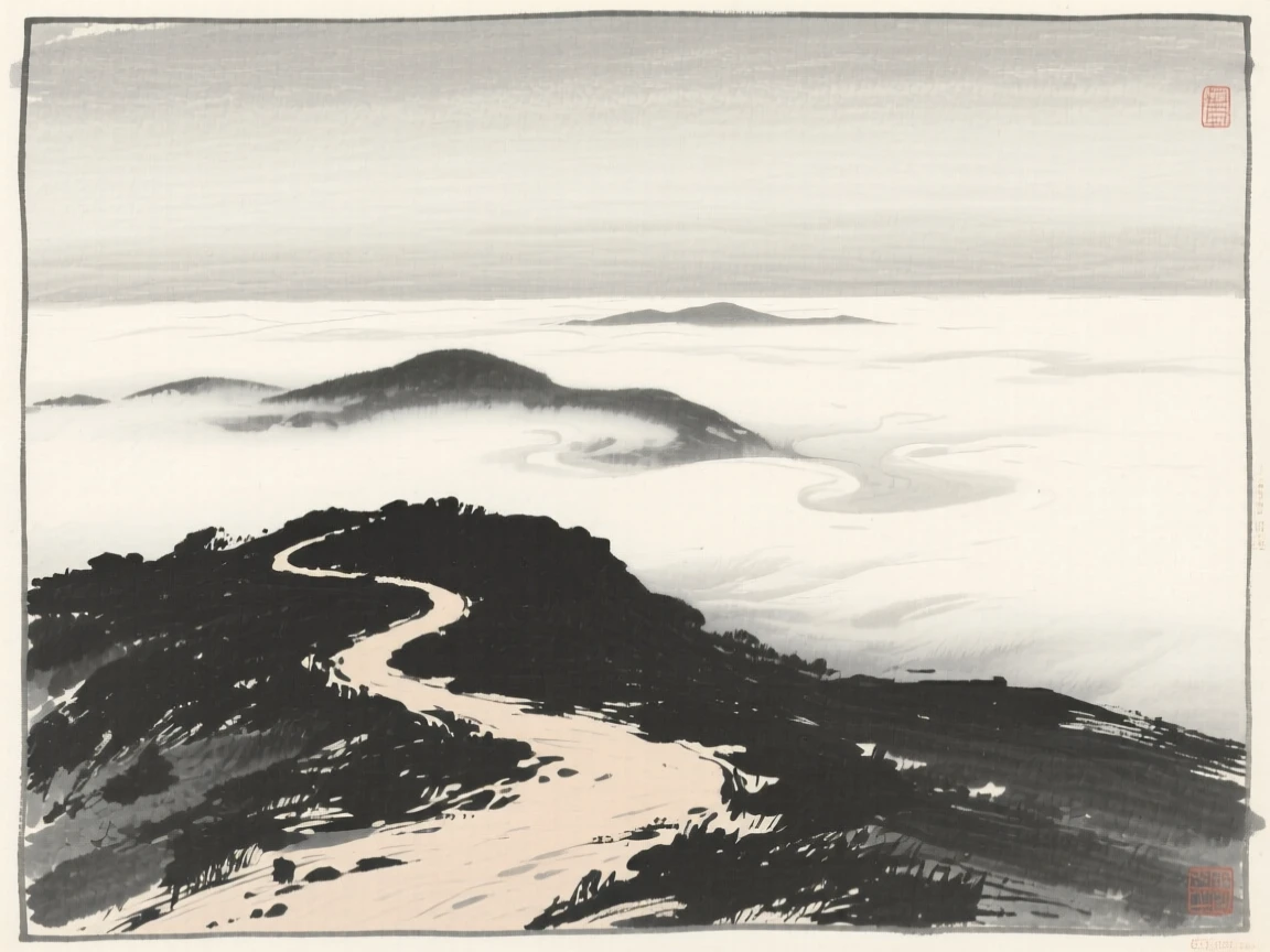 An empty mountain trail winding into the clouds beneath a soft, overcast sky, framed minimally, letting emptiness carry the mood, conveying a poetic sense of calm and reflection.