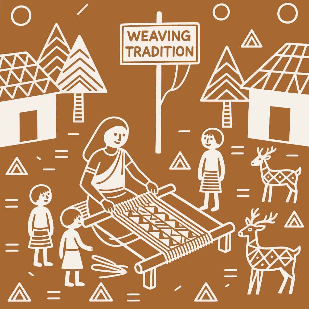 A weaver at her loom teaching younger villagers an old custom in the village courtyard.