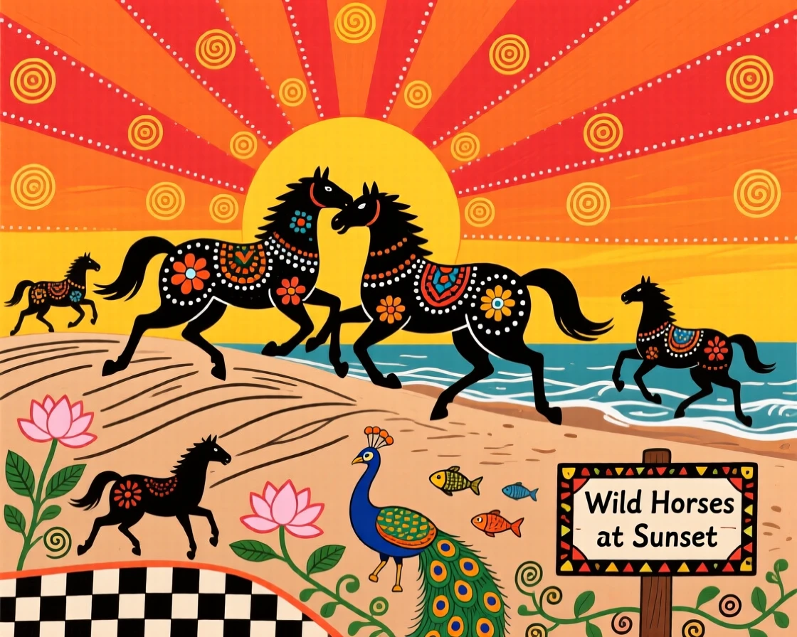 Wild horses running along a windswept coastal dune at sunset.