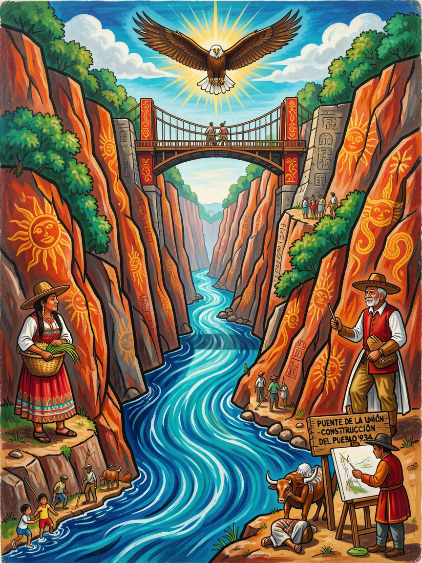 A river gorge with a suspension bridge crossing far below