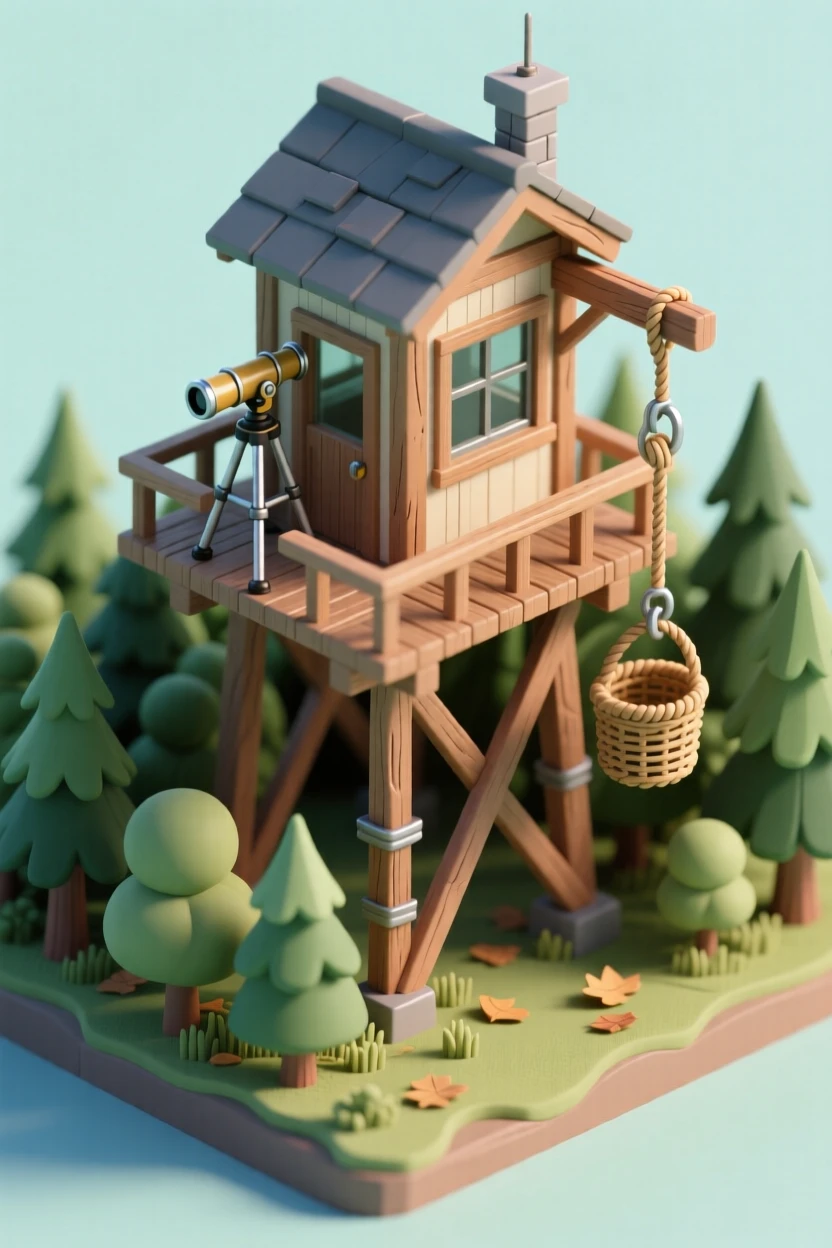 A converted fire lookout tower home on stilts, with a wraparound catwalk, binoculars mounted on a tripod, a rope and pulley basket for supplies, and a forest stretching below.