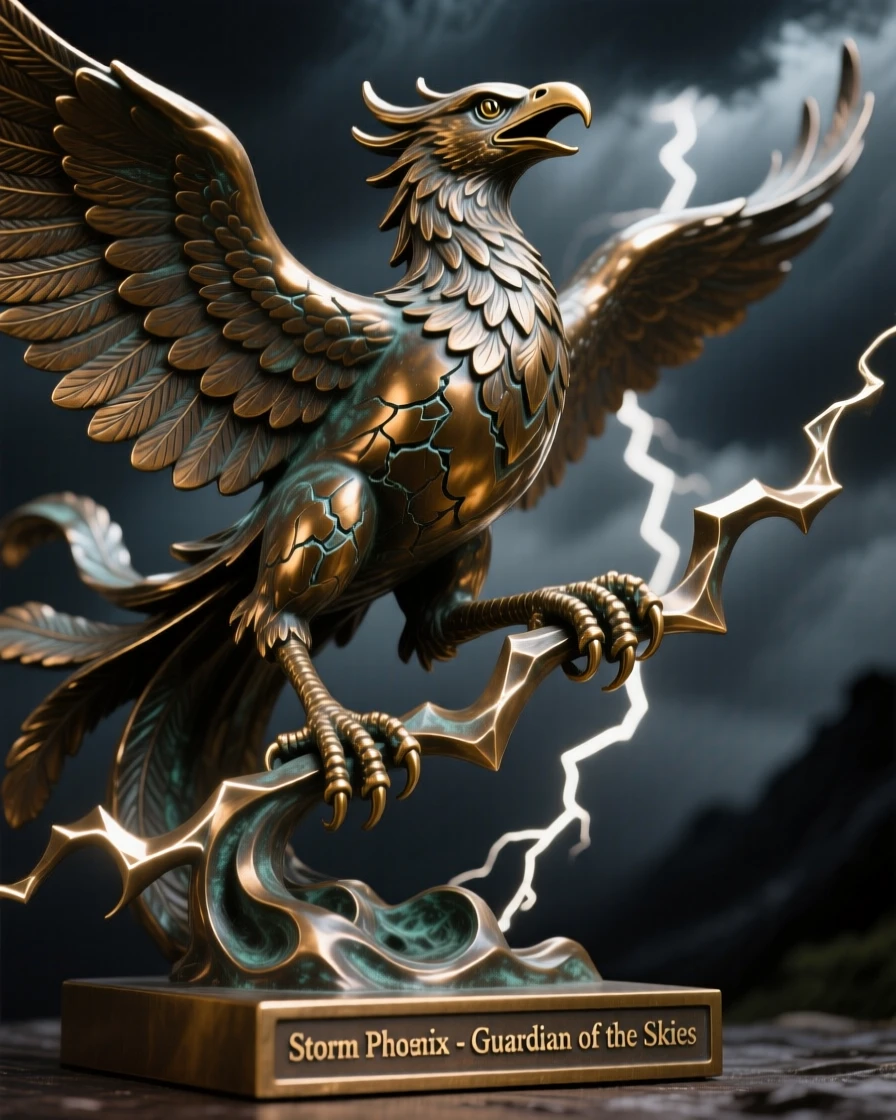 A legendary storm phoenix riding a bolt of lightning, captured in a powerful, dynamic pose, radiating awe and grandeur