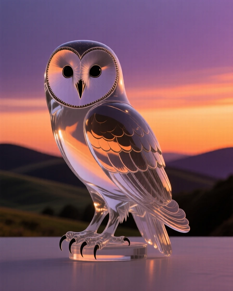 A barn owl silhouetted against a dramatic sunset sky over rolling hills, warm orange and purple tones creating a serene, cinematic mood.
