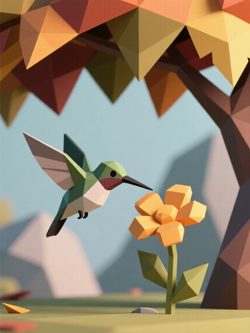 A hummingbird hovering beside a bright flower, under a canopy of autumn color. the background gently blurs to keep focus on the subject. The scene radiates quiet strength.