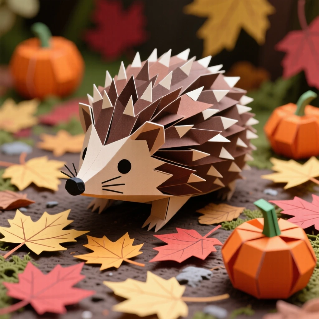 A tiny hedgehog exploring a garden strewn with fallen autumn leaves and small orange pumpkins, its nose twitching curiously, capturing cozy seasonal charm.