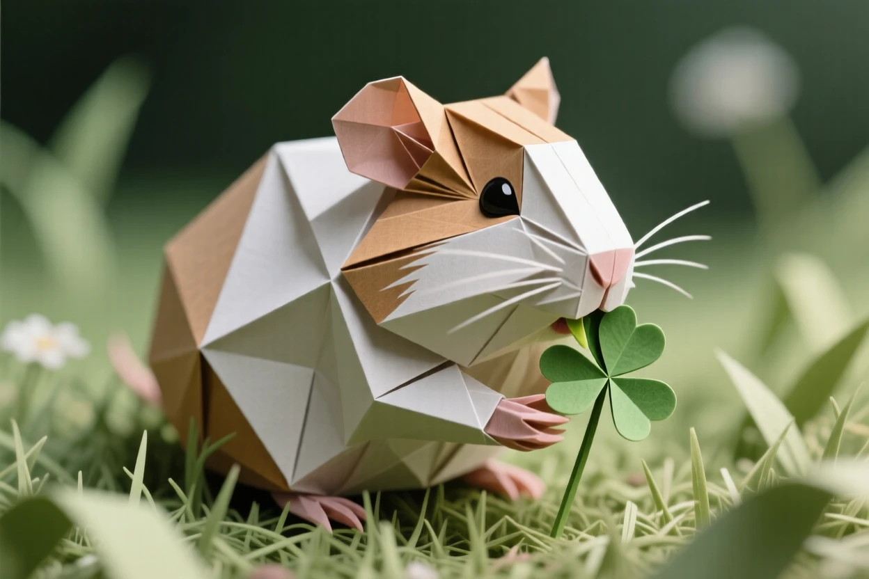 A guinea pig nibbling a piece of clover held in its front paws, surrounded by soft grass.