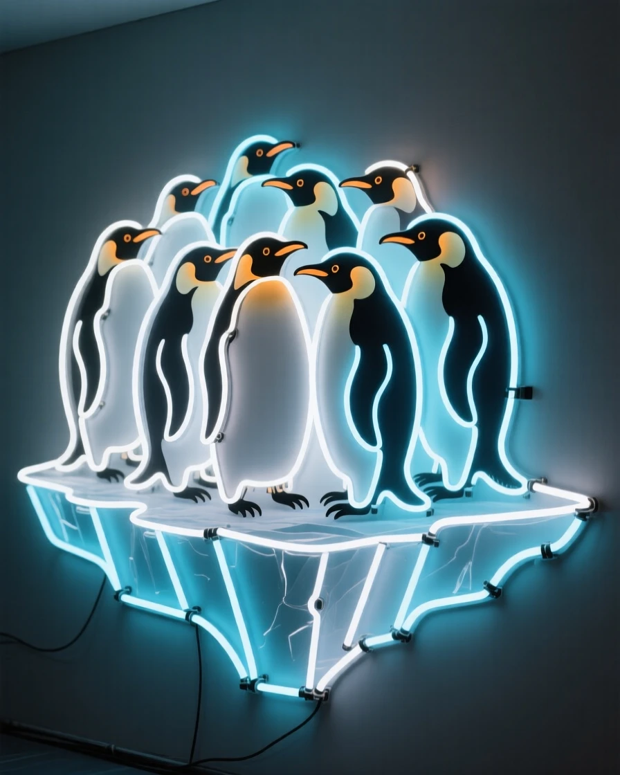 A colony of penguins huddled together on an Antarctic ice shelf.