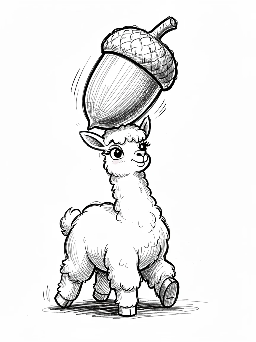 A baby alpaca balancing a giant acorn on its head.