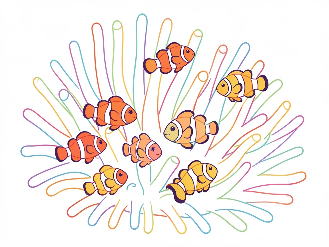 A school of colorful clownfish weaving through the tentacles of a sea anemone.