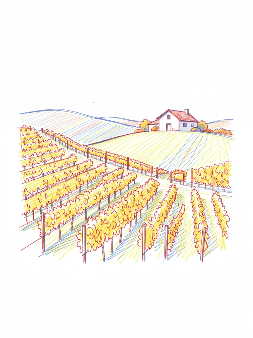 A rolling vineyard landscape in golden autumn light, rows converging toward a farmhouse