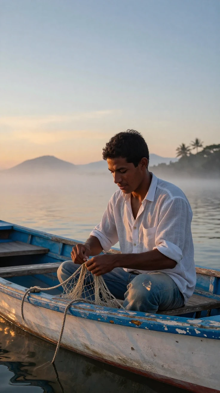 A young Cuban sailor humming a gentle tune while working on a small fishing boat at dawn