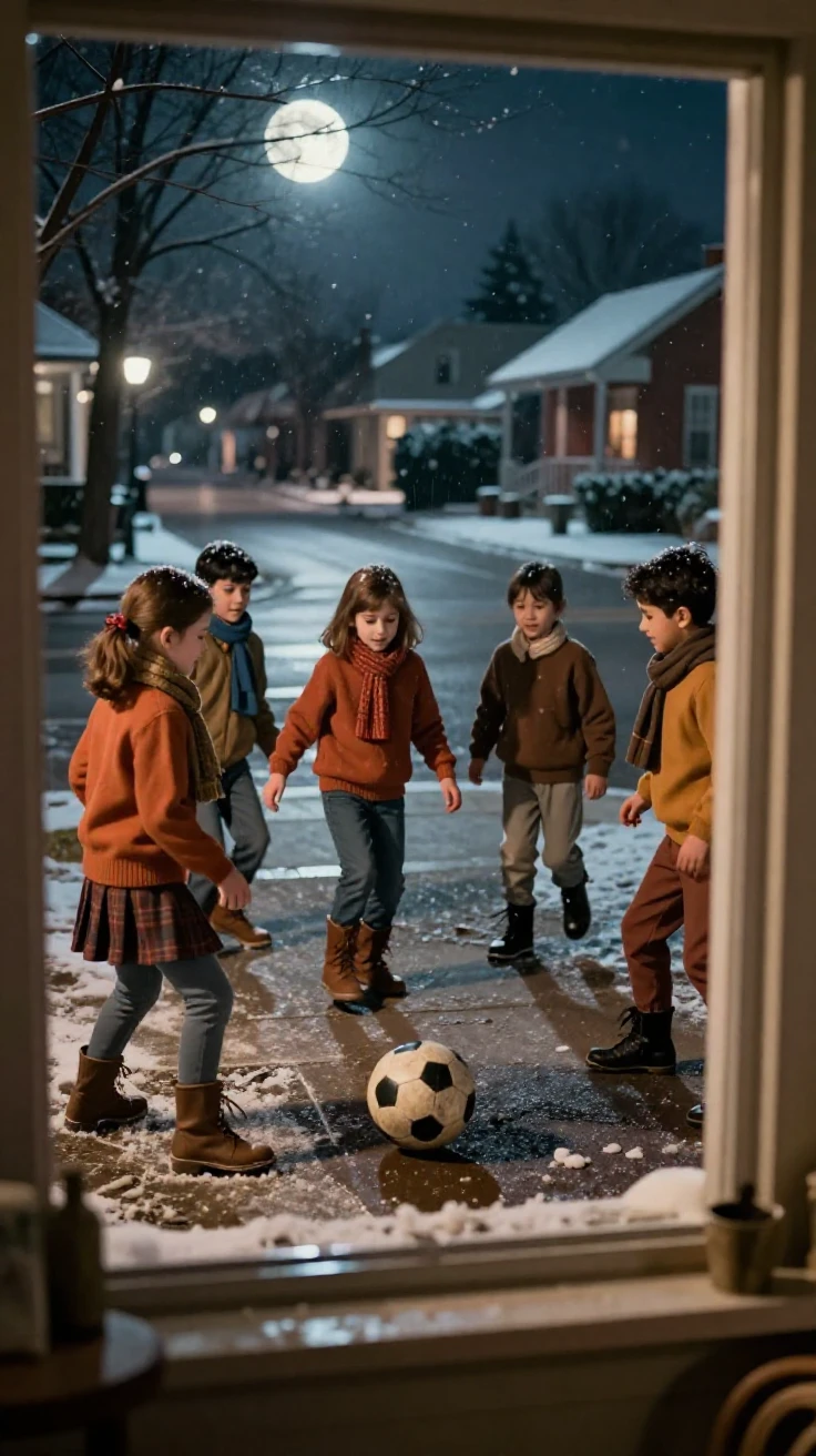 A group of children playing an impromptu game of street soccer, under moonlight, in crisp, dry air, under the first snow of winter, in earthy terracotta and ochre shades, viewed from across the room.