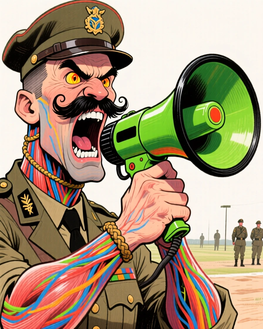 A tough drill sergeant with a clipped mustache, veins bulging as he shouts through a megaphone.