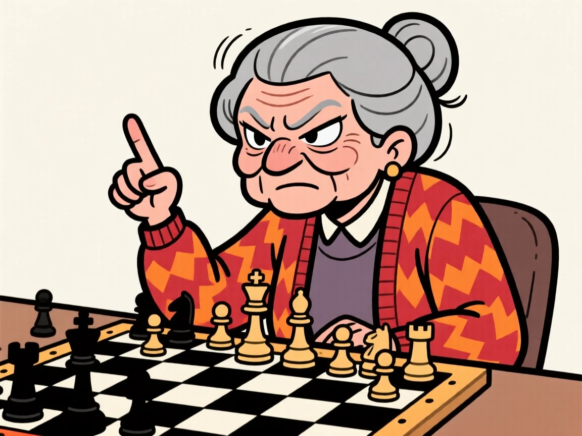 A memorable character portrait of a determined chess-playing grandmother squinting over the board, one finger raised as she plots her next move.