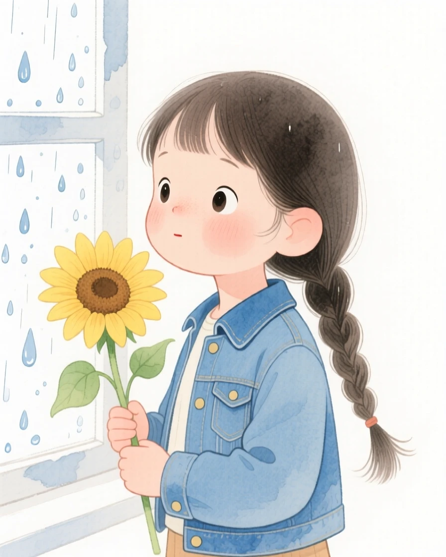 A little girl with a single thick braid over one shoulder, biting her lip shyly, wearing a vintage denim jacket and holding a single sunflower, beside a rain-speckled window