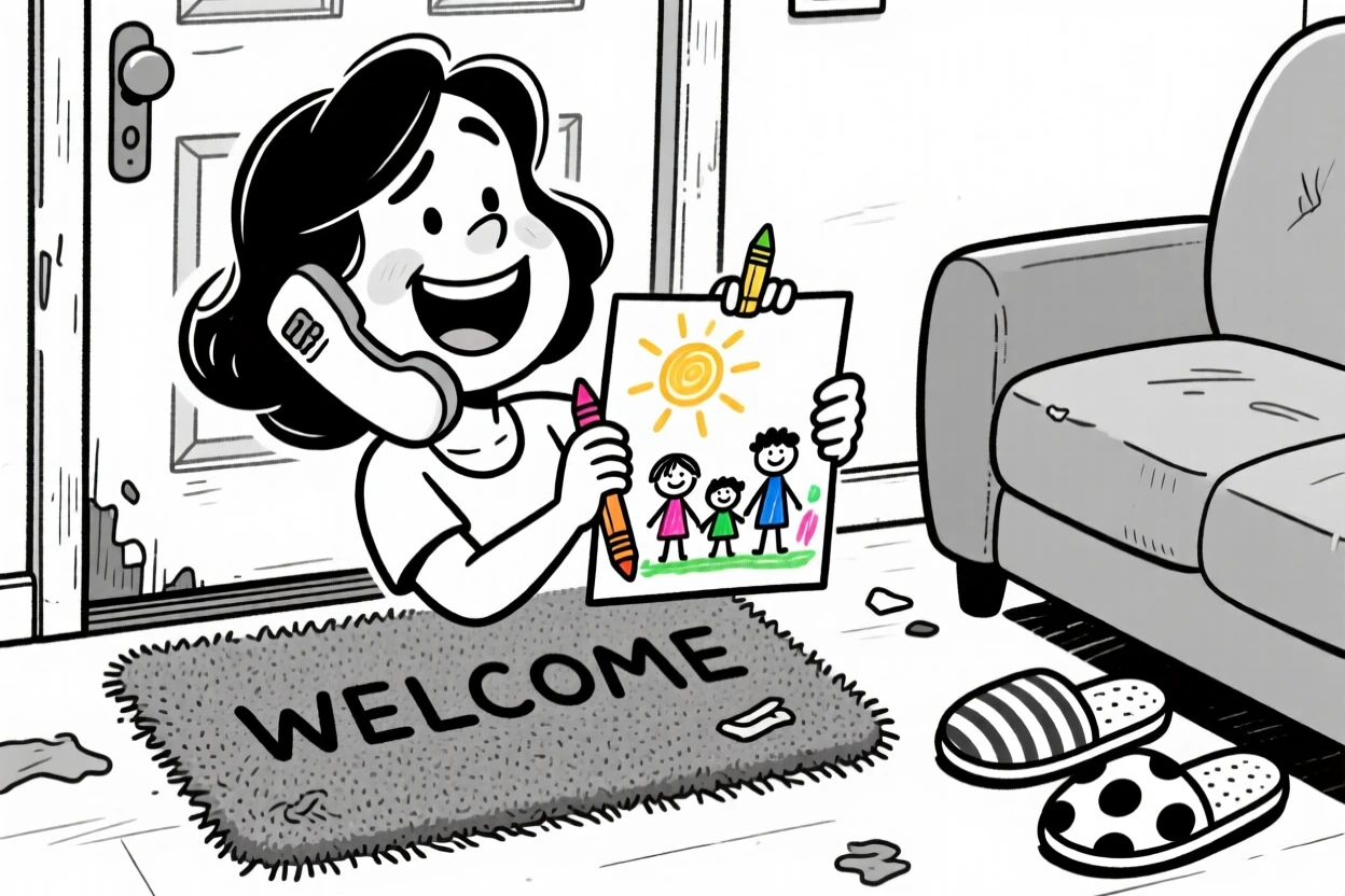 A mom multitasking with a phone tucked under her chin, holding up a crayon drawing with pride, set on a worn front-door welcome mat. Mismatched slippers peek out from under the couch. It's a small, ordinary moment that feels quietly precious.