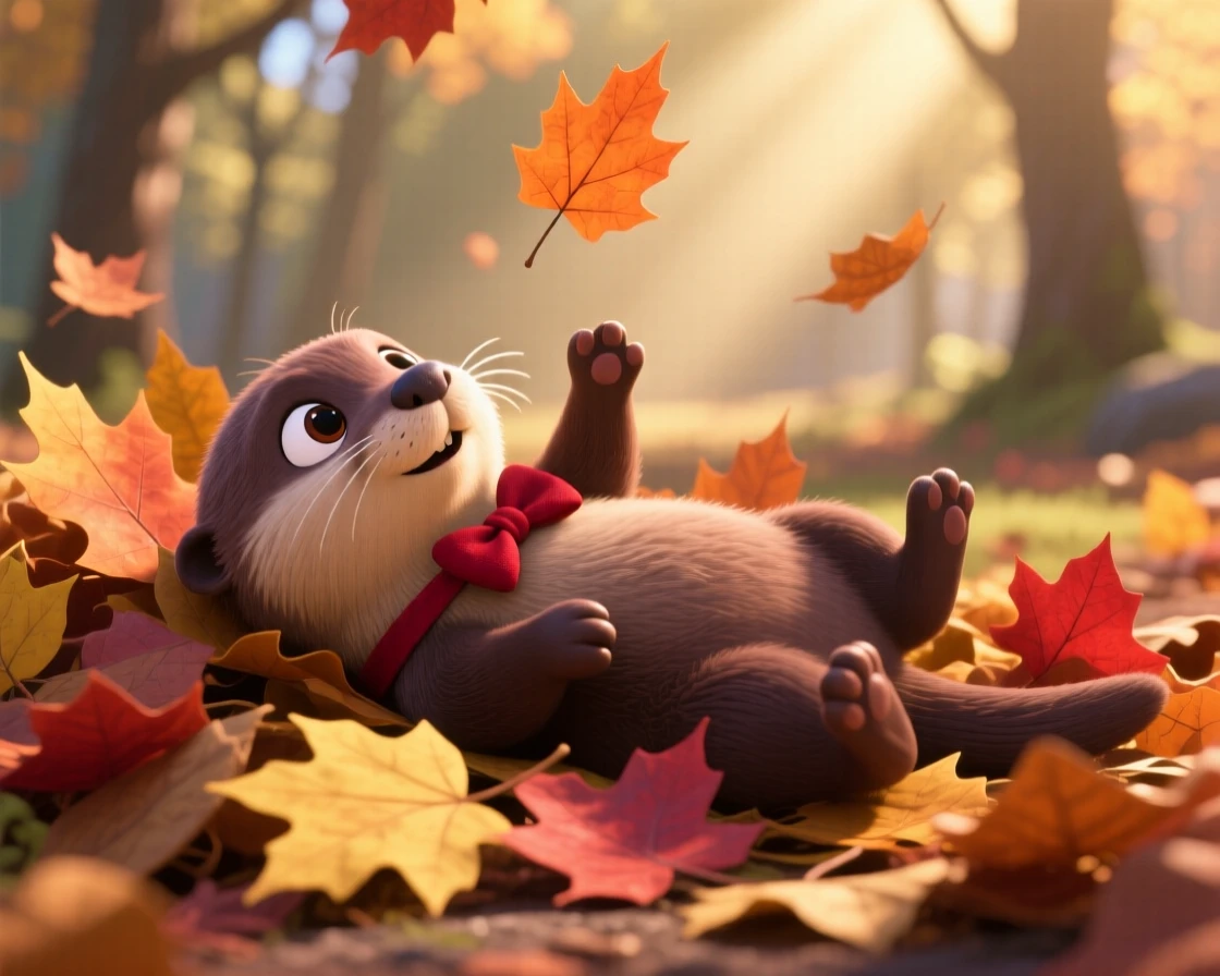 A curious otter pup is peeking out from a pile of autumn leaves, rolling gently onto its back. The scene feels warm and heartwarming, with a tiny bow tied around its neck.