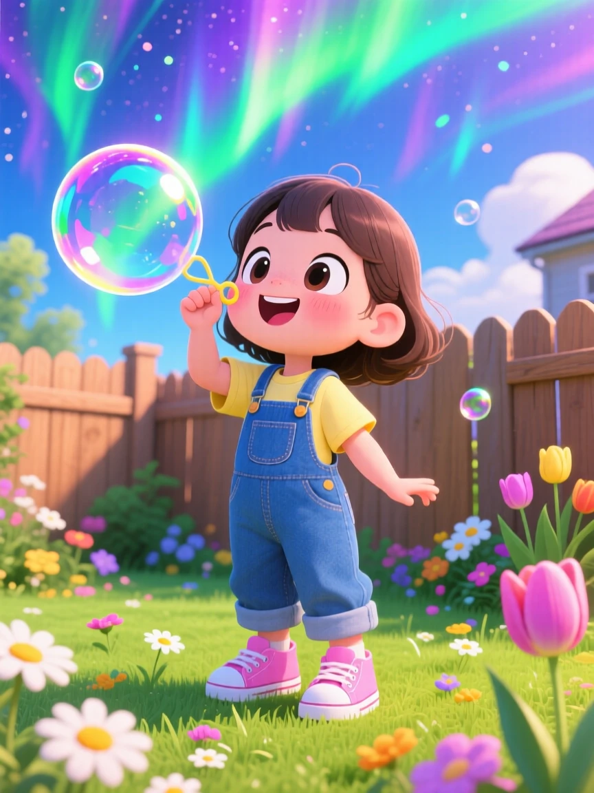 A small girl in overalls blowing an enormous soap bubble, framed as a medium shot within a sunny backyard garden, beneath swirling aurora-lit skies, glowing under neon-lit glow, evoking delighted joy.