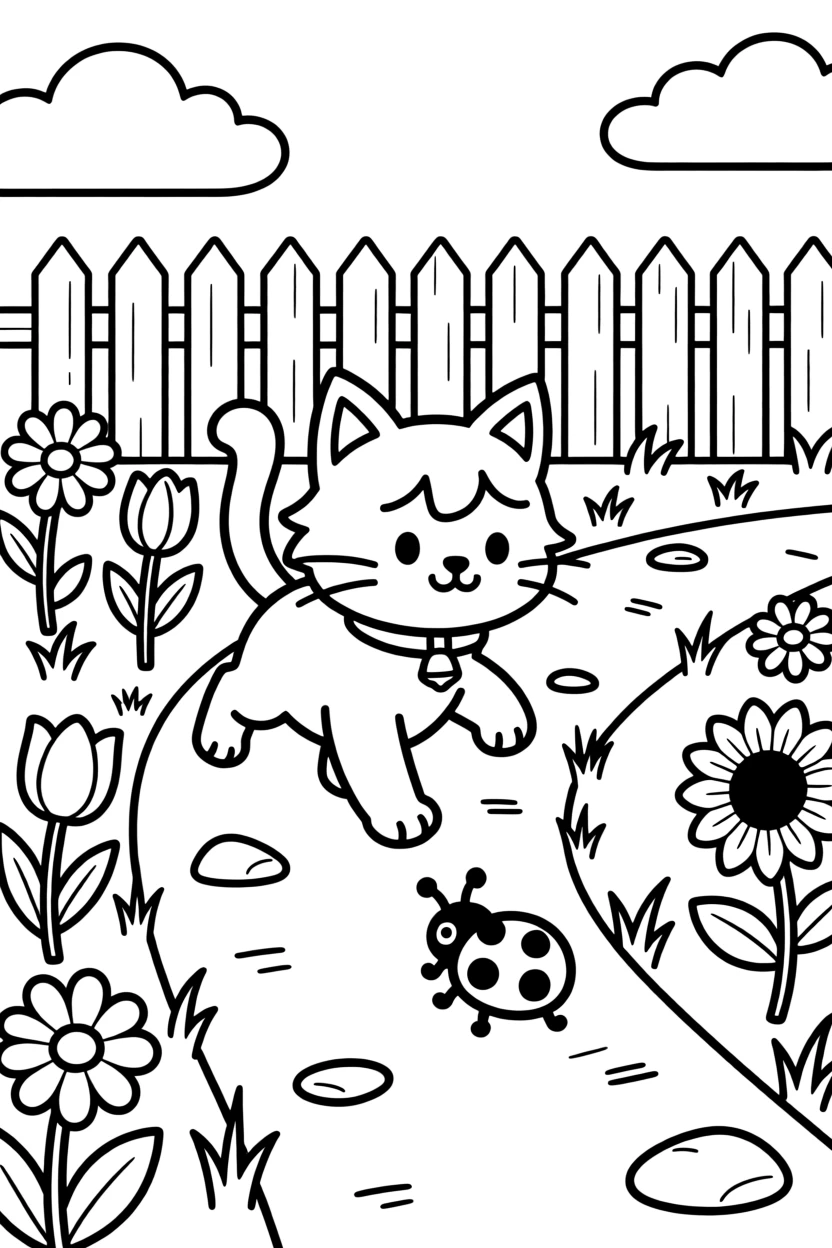 A kitten chasing a ladybug across a garden path