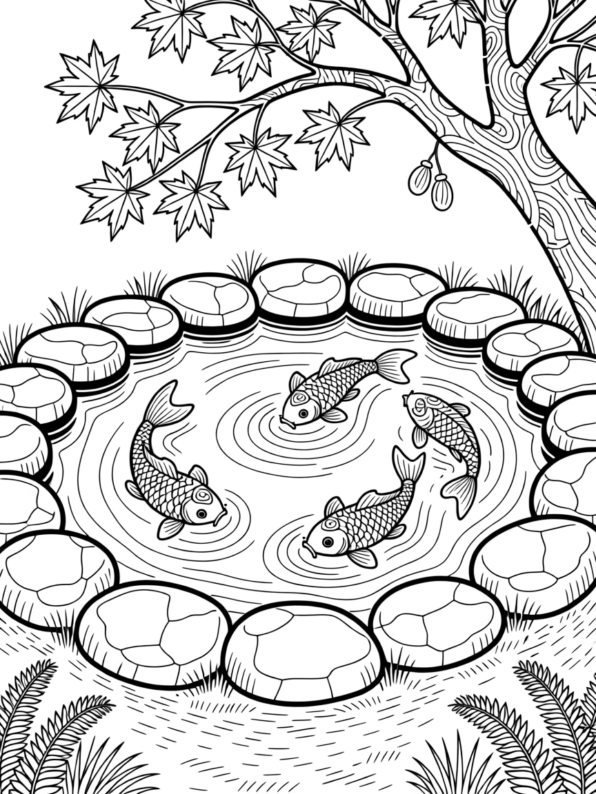 A koi pond bordered by smooth stones and overhanging maple branches.