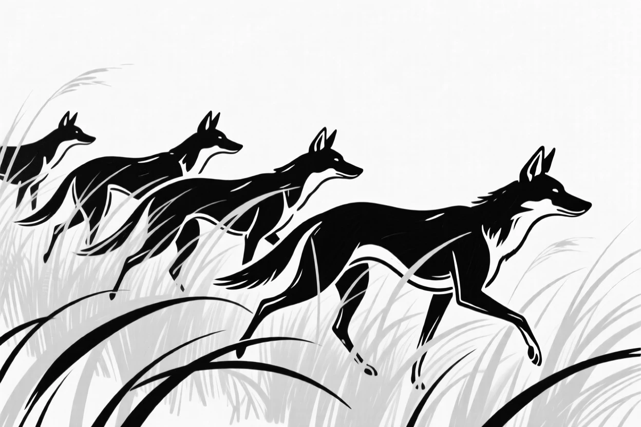 A pack of dingoes moving through tall golden grass at dawn.