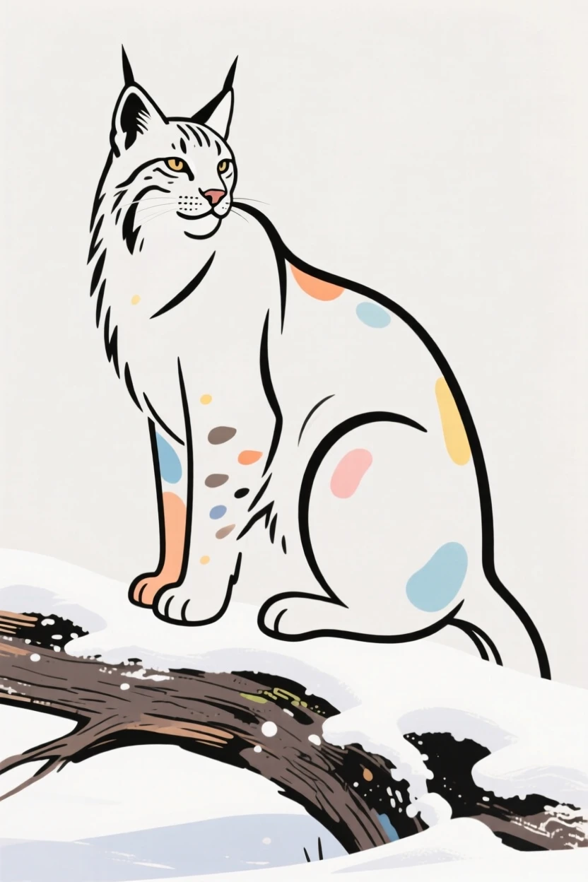 A lynx perched on a snow-covered log, ears alert.