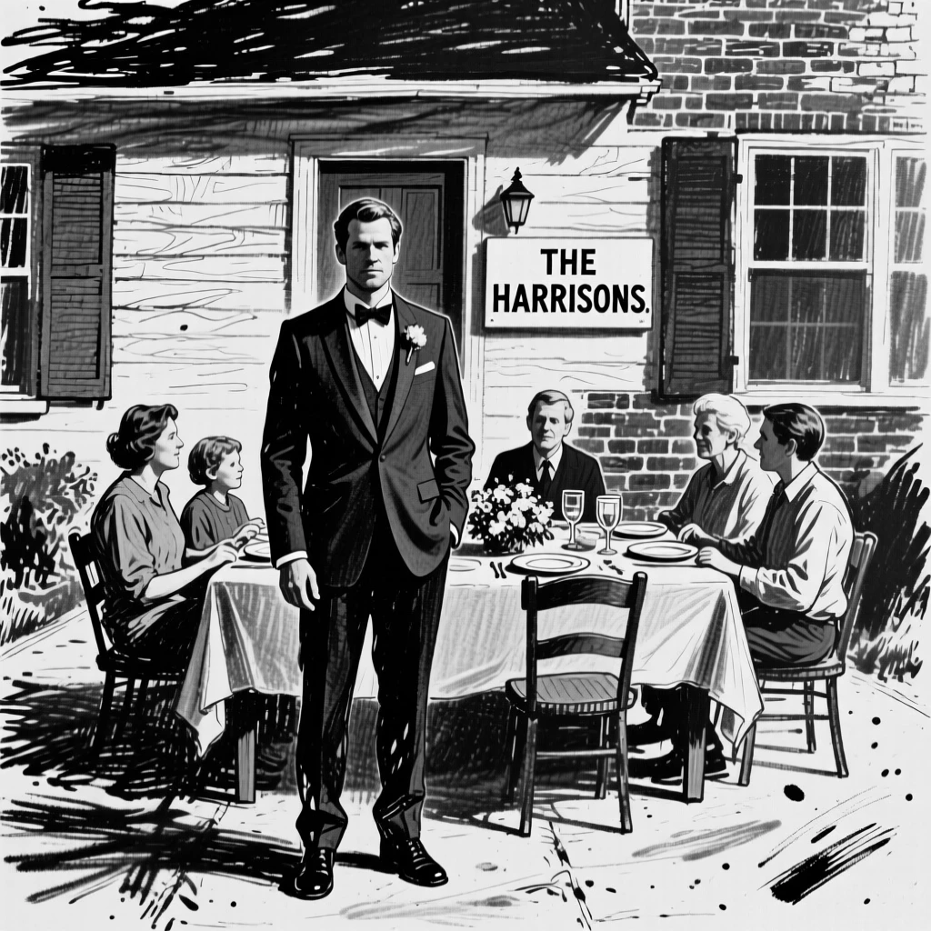 A groom standing proudly in front of their home, at a family dinner table.