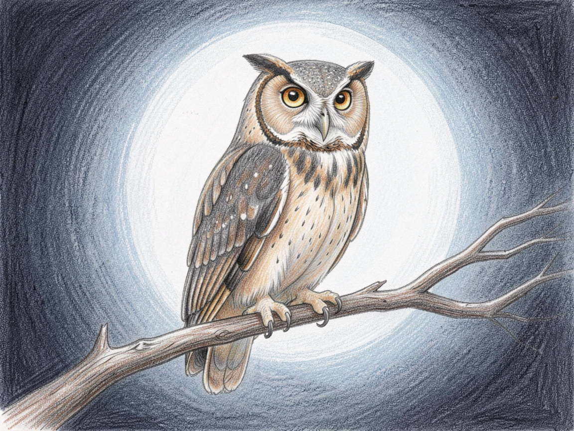 A wise old owl perched on a moonlit branch, framed by a simple, uncluttered natural setting, celebrating the simple beauty of the animal world.