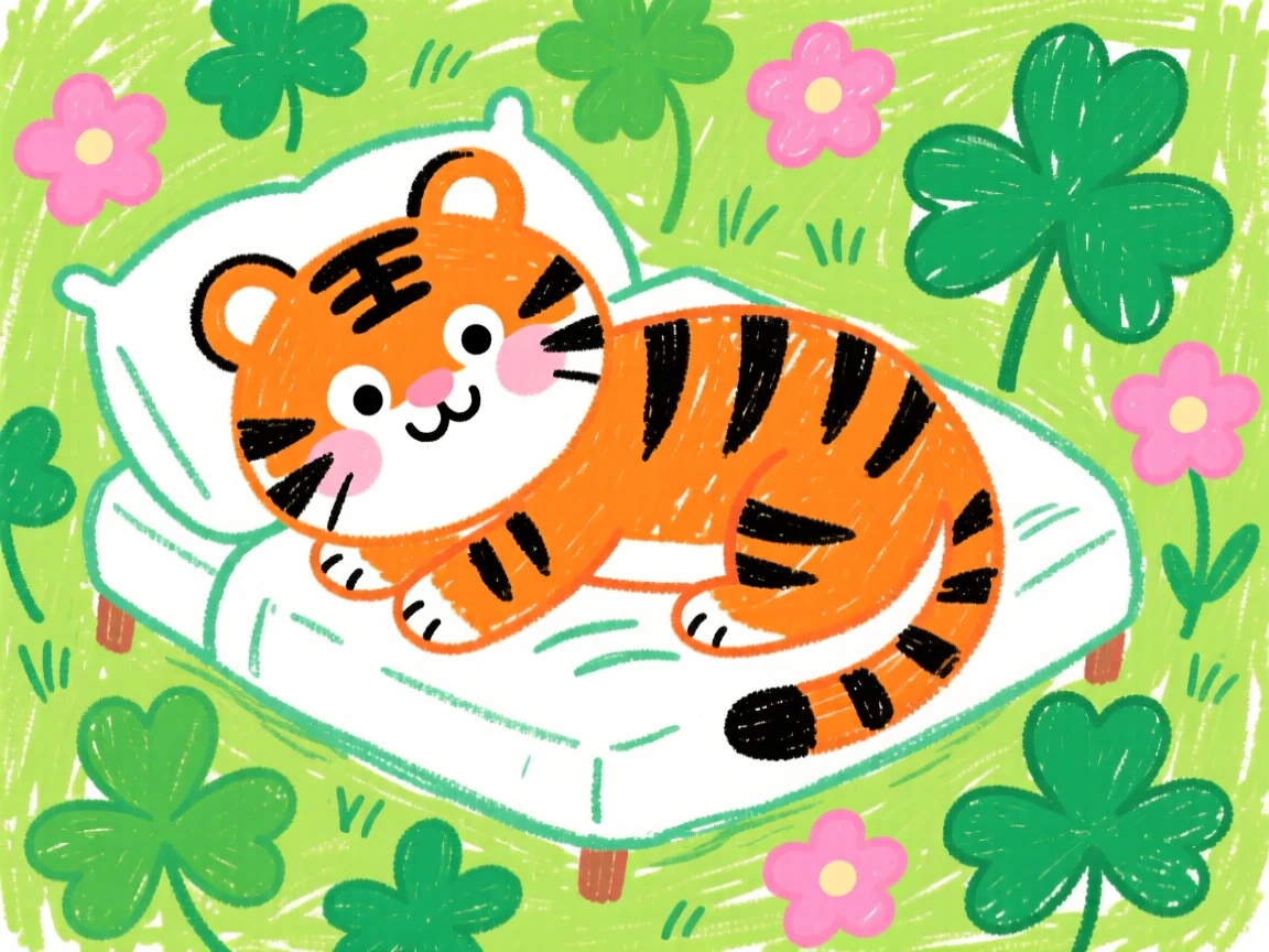 A striped baby tiger resting on a bed of clover.