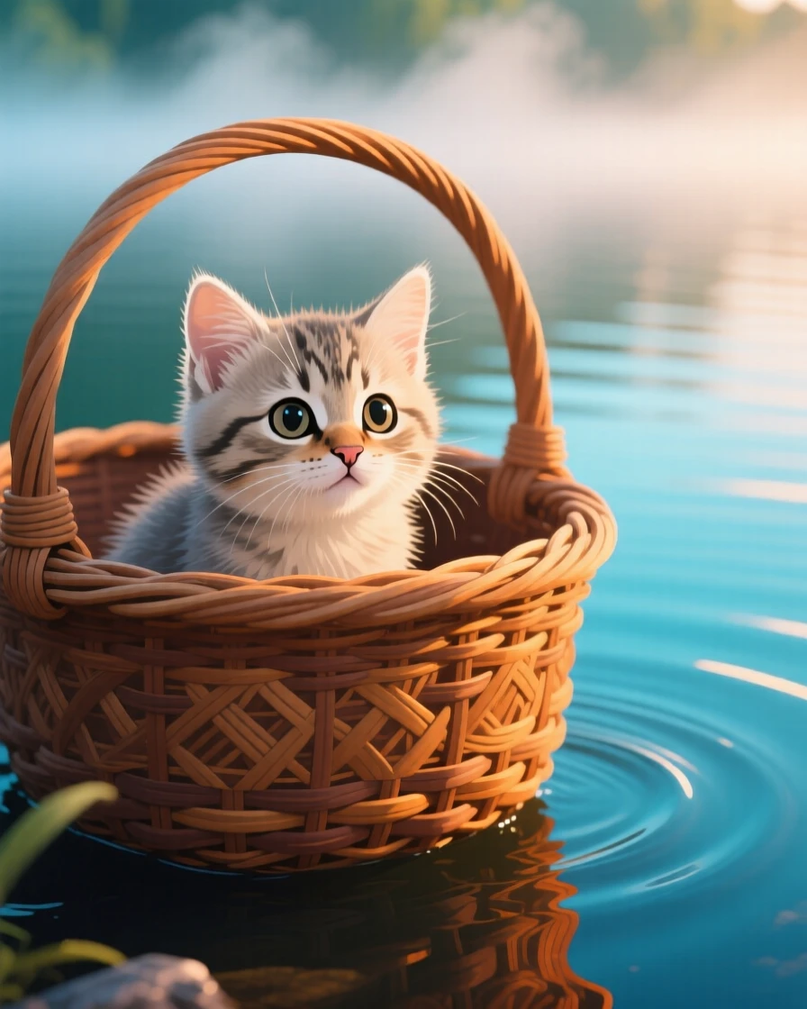 A kitten peeking out from inside a cozy woven basket, surrounded by soft morning mist over a quiet lake, shown in close-up detail highlighting texture and expression, with vivid, richly saturated colors that pop.