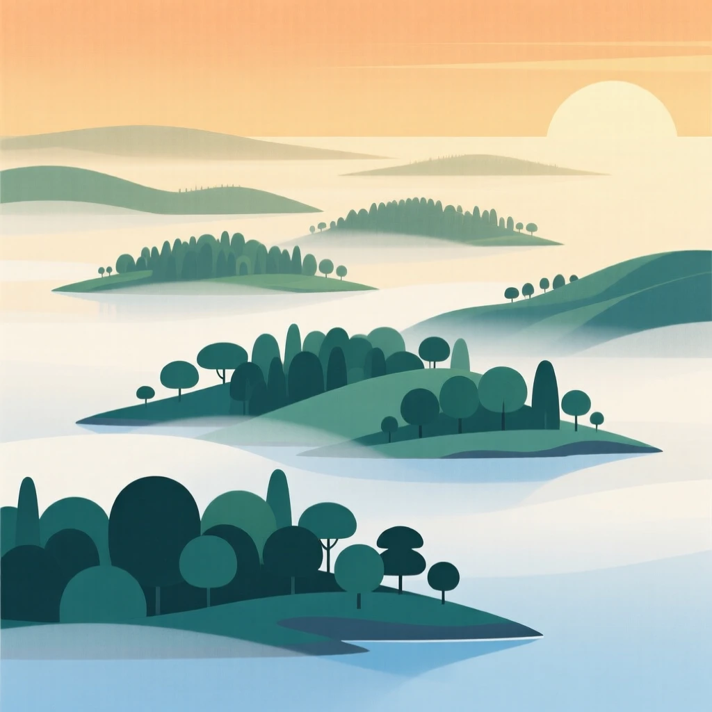 A late afternoon view of a chain of forested islands, with layers of mist rolling through the valleys below.