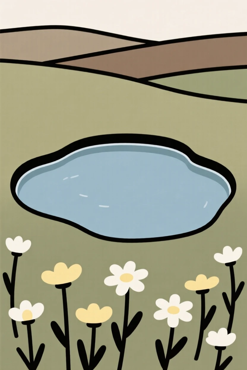 A tide pool, silhouetted alone against a highland moor, surrounded by wildflowers swaying in the breeze, full of timeless calm.
