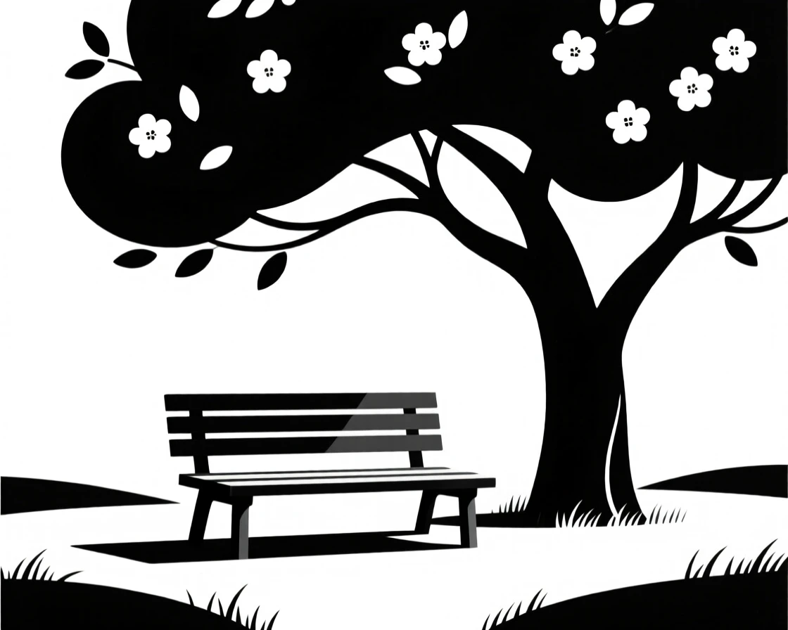 A peaceful garden bench beneath a blooming tree.