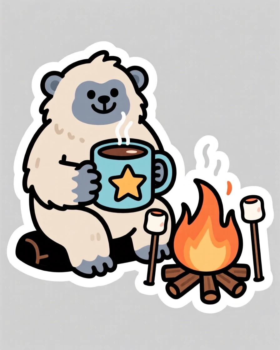 A gentle friendly yeti sipping cocoa from a star-shaped mug, beside a small campfire with marshmallows roasting.