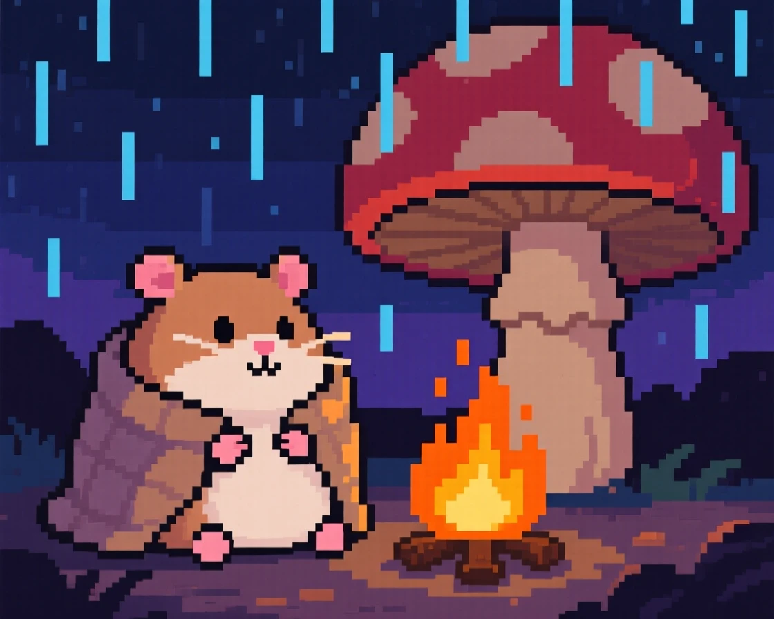 A round hamster wrapped in a blanket by a campfire, under a giant mushroom during a soft rain.