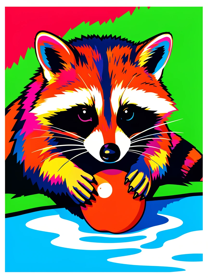 Raccoon washing a piece of fruit by a stream