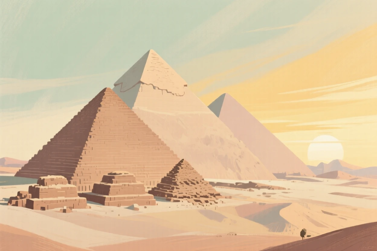 The pyramids of Giza standing against a golden desert sunset