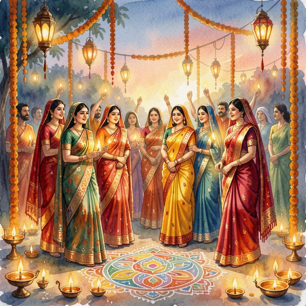 Women in colorful saris celebrating a festival of lights surrounded by vibrant traditional decorations.