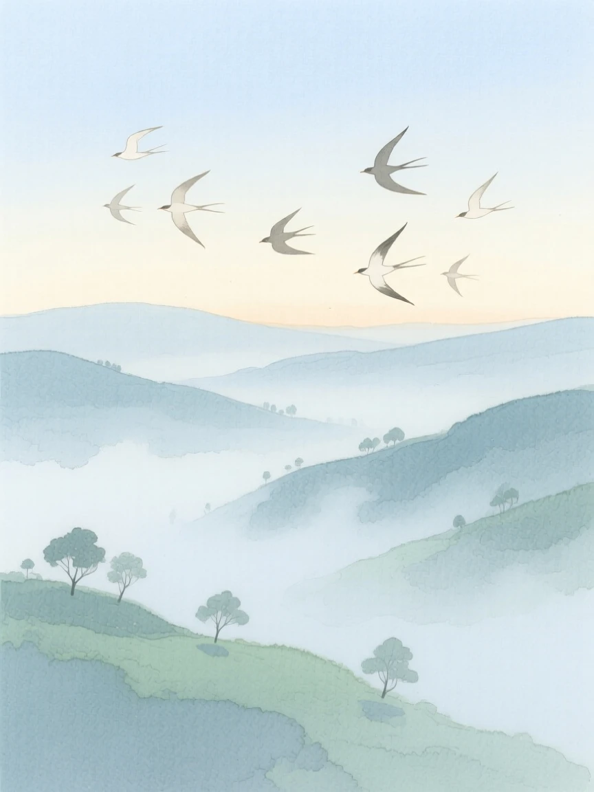 A serene view of a misty valley overlook, as birds glide silently overhead, evoking calm and quiet reflection