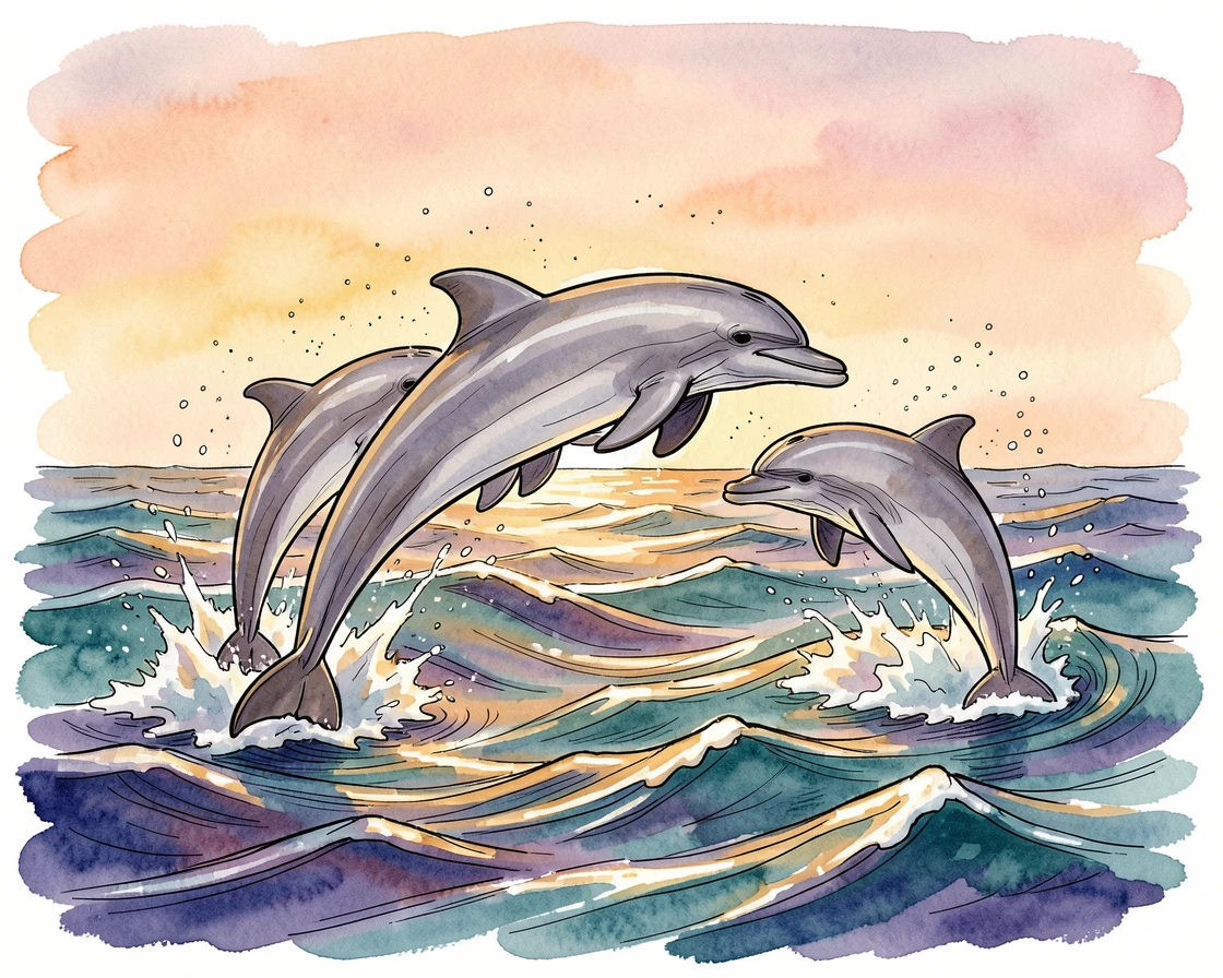 A pod of dolphins leaping through ocean waves at sunset, spray catching the golden light